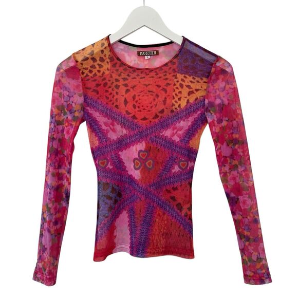 AGOLDE Vintage Mesh Top Y2K 00s Abstract Crochet Hearts Sheer Floral Grunge SM - Picture 1 of 12